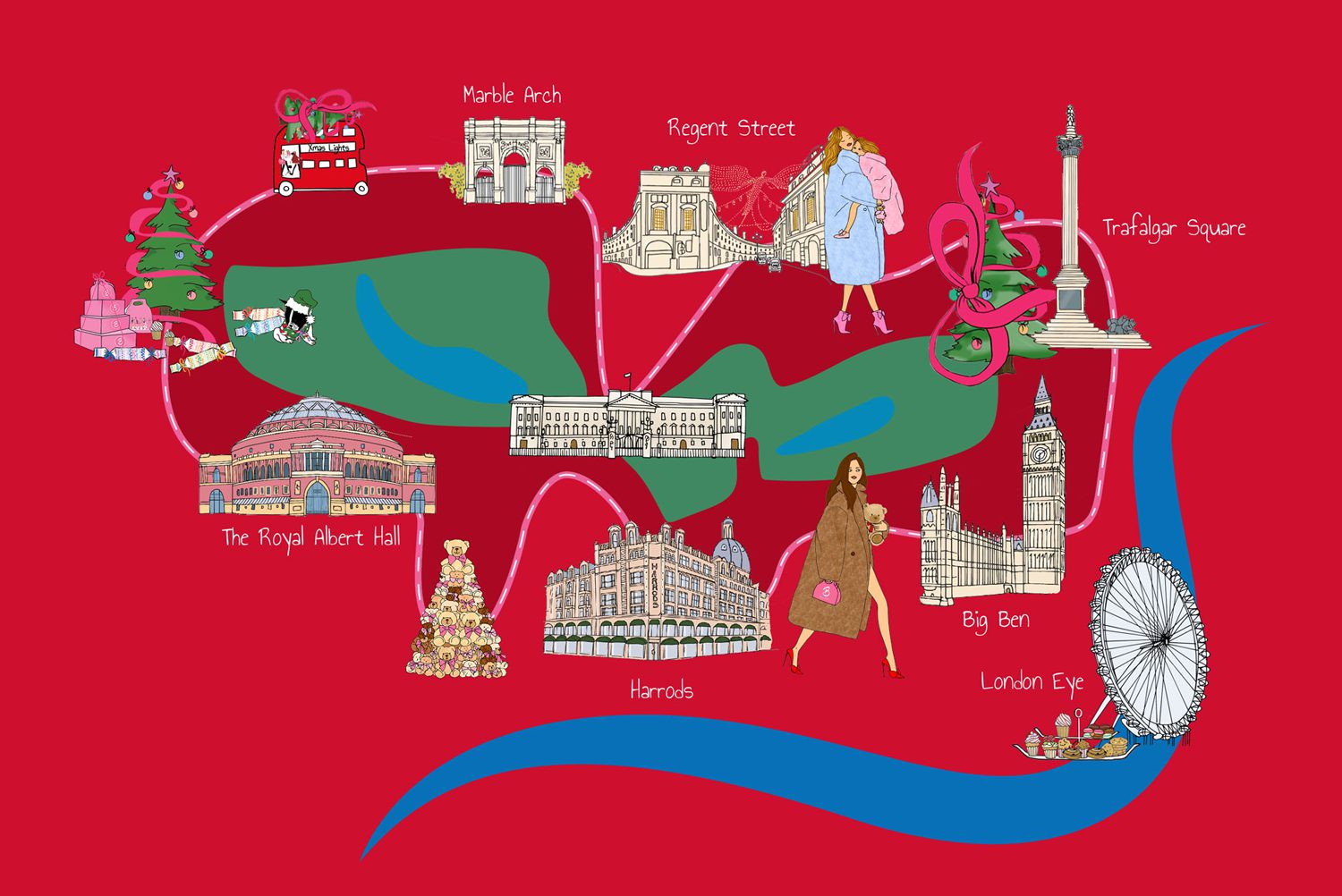 London Christmas lights map - Route 1 - Christmas Afternoon Tea Bus Tour - Daytime route