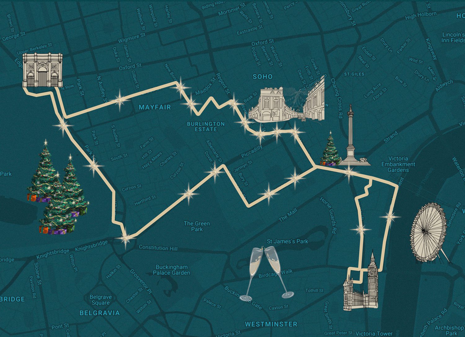 London Christmas lights map - Route 3 - Sparkling Open Top Christmas Lights Tour