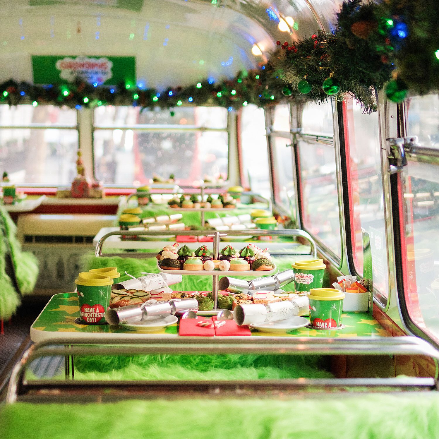 Grinch-themed Afternoon Tea on a bus is the best way to see the Christmas Lights